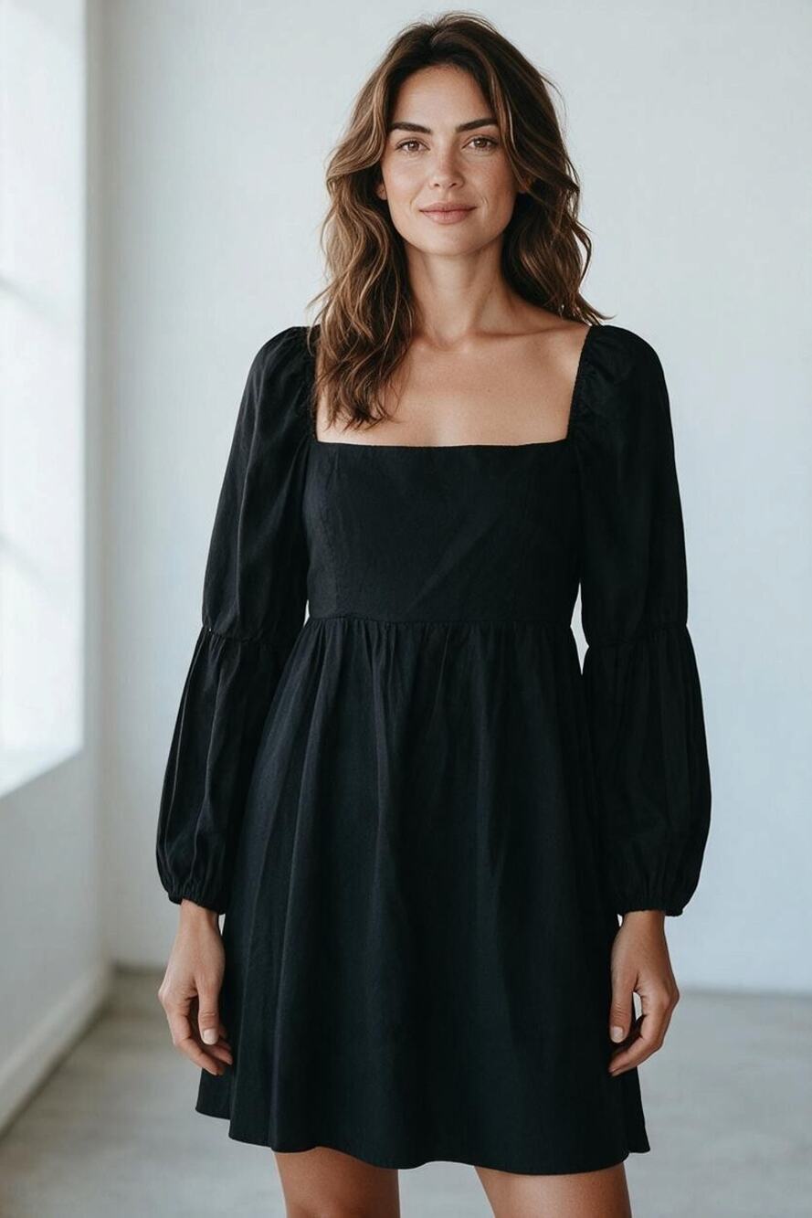A7 Auth REFORMATION Black Long Puff Sleeves Babydoll Bodice Mini Dress Size 6